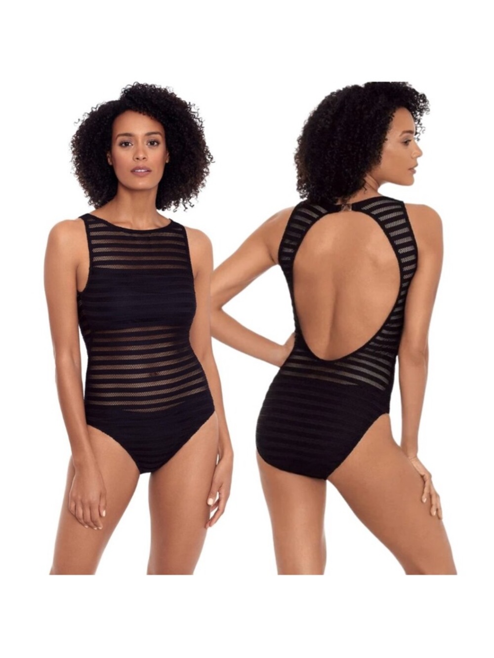 Ralph Lauren Women's Black Striped Open-Back One-Piece Swimsuit sz 4